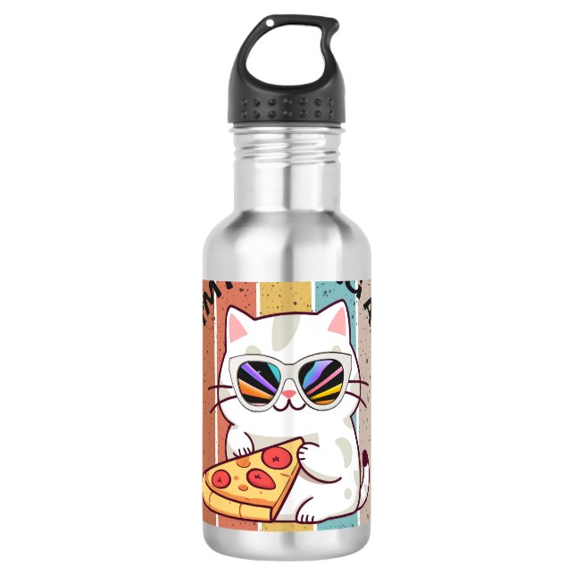 Garrafa Retro Kawaii gato giro comendo pizza (Frente)