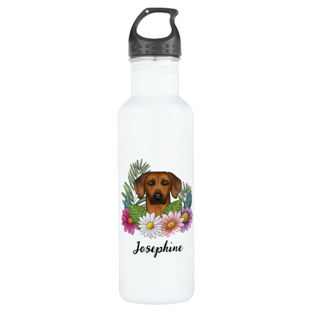 Garrafa Rhodesian Ridgeback Dog Head Colorful Flowers Name (Frente)