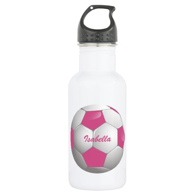 Garrafa Rosa customizável e branco da bola de futebol do (Frente)