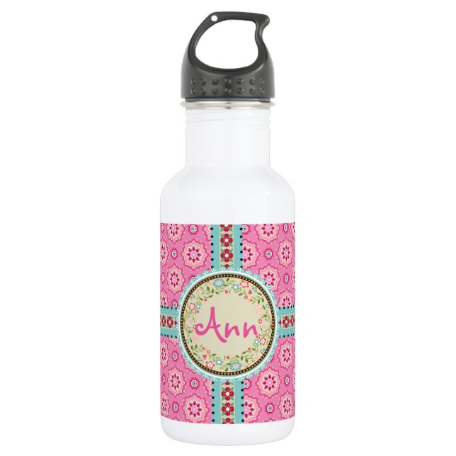 Garrafa Rótulo e Fita Cor-de-Rosa e Floral (Frente)