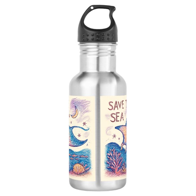 Garrafa Salve o Mar - Arte Oceânica a Lápis de Cor (Frente)