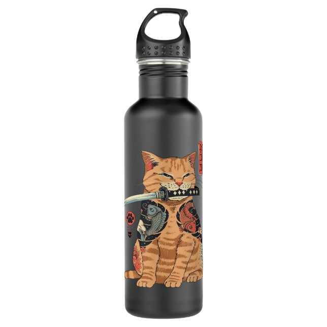 Garrafa Samurai Ninja Cat Kawaii Tattoo Graphic (Frente)