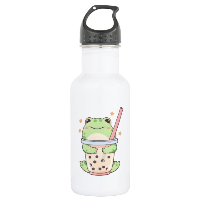 Garrafa Sapo Kawaii Chibi Abraçando Xícara de Bubble Tea (Frente)