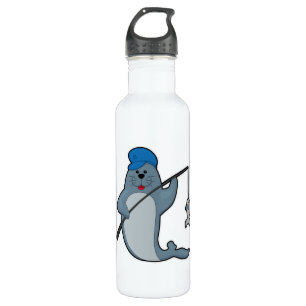 Garrafa Selo na pesca com vara de pesca e peixe