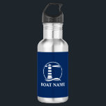 Garrafa Seu nome de barco com farol náutico<br><div class="desc">Seu nome personalizado,  nome do barco ou texto com um farol náutico em uma garrafa Marinho de água azul.</div>
