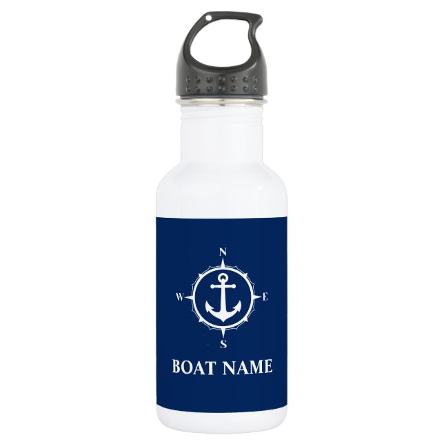 Garrafa Seu nome de barco Compass Anchor Azul Branco (Frente)