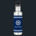 Garrafa Seu Nome De Barco Embarca Banhas Brancas De Helma<br><div class="desc">Seu nome personalizado,  nome do barco ou texto com um hélice de roda náutica personalizado em um azul Marinho com Garrafa d'água.</div>