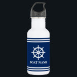 Garrafa Seu Nome De Barco Embarca Helm Wheel Strike<br><div class="desc">Seu nome personalizado,  nome do barco ou texto com um hélice de roda náutica personalizado em um frasco de água com riscas brancas e azuis Marinhos.</div>