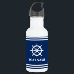 Garrafa Seu Nome De Barco Embarca Helm Wheel Strike<br><div class="desc">Seu nome personalizado,  nome do barco ou texto com um hélice de roda náutica personalizado em um frasco de água com riscas brancas e azuis Marinhos.</div>