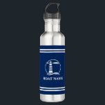 Garrafa Seu Nome De Barco, Listras Brancas Do Farol Náutic<br><div class="desc">Seu nome personalizado,  nome do barco ou texto com um farol náutico personalizado em um Marinho azul com Garrafa d'água.</div>
