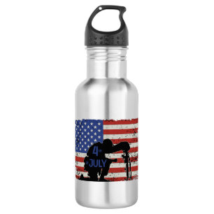 Garrafa Silhueta de soldado ajoelhado e bandeira americana