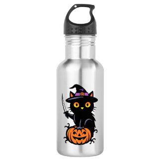 Garrafa Spooky Sorcery: Gato Preto na Pumpkin com Dagger
