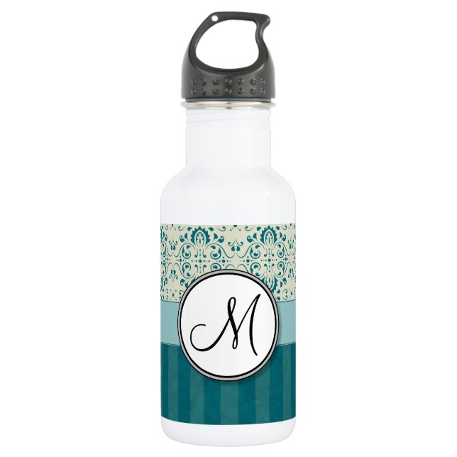 Garrafa Teal em Cream Damask com Stripes e Monograma (Frente)
