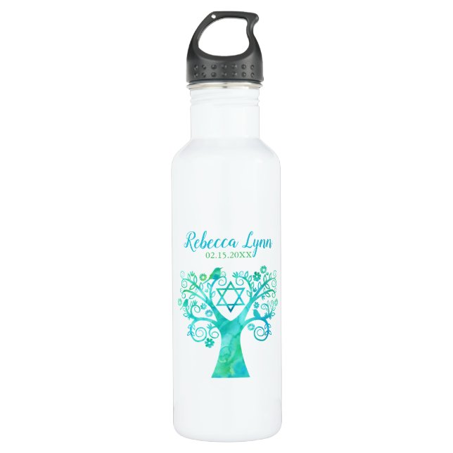 Garrafa Teal Green Watercolor Tree of Life Bat Mitzvah (Frente)