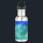 Garrafa Teal royal blue green drillname<br><div class="desc">Um fundo metálico de aparência verde e suave. Dedcorado com pingos azuis reais, pintura pingando aparência. Personalize e adicione seu nome escrito com um script de estilo manuscrito.</div>