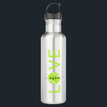 Garrafa Tênis personalizado com amor prata verde<br><div class="desc">Garrafa prateada e verde-claro - garrafa de água de aço inoxidável prateado personalizada, amarela, com bola de tênis e monograma de nome "LOVE", com uma letra elegante e fofinha de escrita caligráfica.</div>