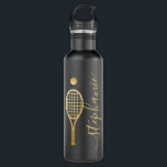 Garrafa Tênis personalizado preto e Dourado<br><div class="desc">Garrafa de água de aço inoxidável personalizada,  preta e dourada,  com um nome de script elegante,  monograma,  com uma raquete de tênis e um ícone de tênis.</div>