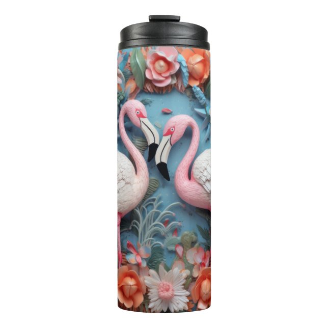 Garrafa Térmica 3d Flamingo com flores (Frente)