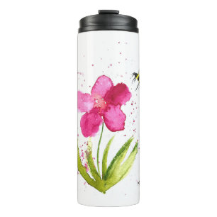 Garrafa Térmica Abeja pintada con acuarela flor rosa