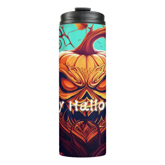 Garrafa Térmica Abóbora Laranja Assustadora com Rosto, Halloween (Frente)