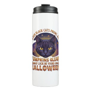Garrafa Térmica Abóboras Brilham Gato Preto do Halloween Folhas Ca