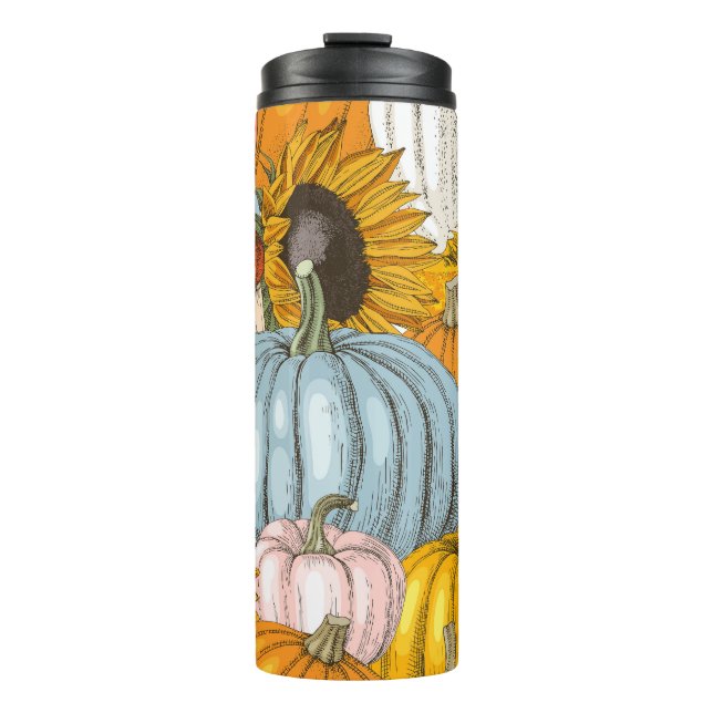 Garrafa Térmica Abóboras brilhantes, girassóis, padrão desenhado à (Frente)