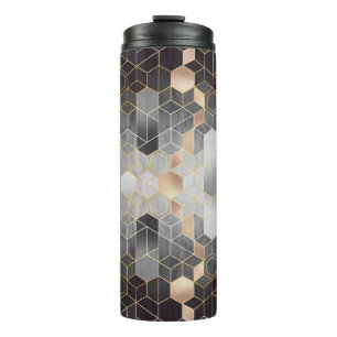Garrafa Térmica Abstração geométrica de hexágonos em preto e w