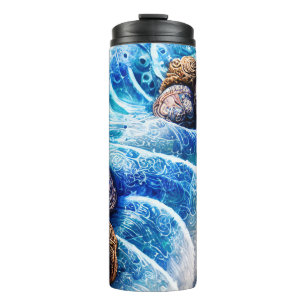 Garrafa Térmica Abstrato Blue Ocean Wave Marble Agle Art Dourado