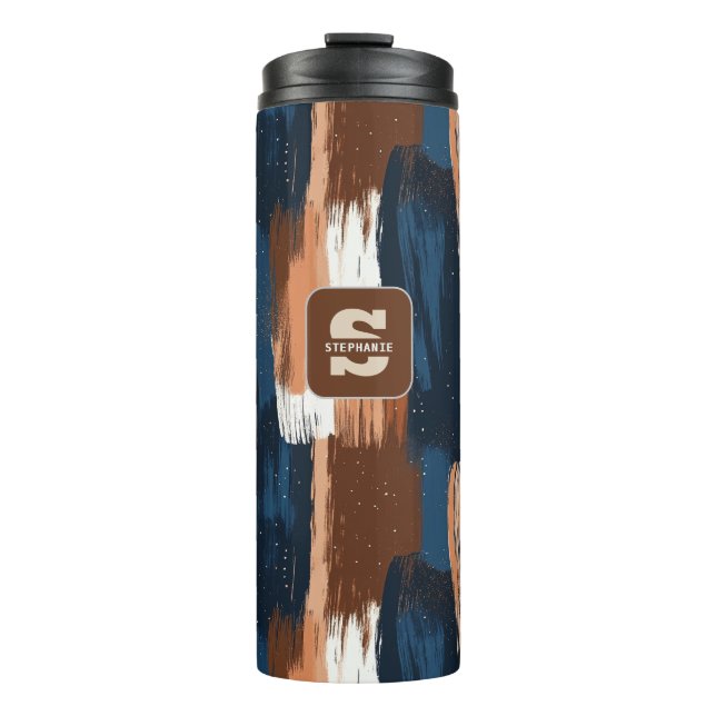 Garrafa Térmica Abstrato Brushstrokes em Azul, Branco e Marrom (Frente)