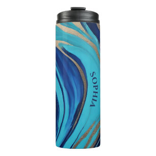 Garrafa Térmica Abstrato de-Fluxo Moderno - Azul-Arte e Dourado-