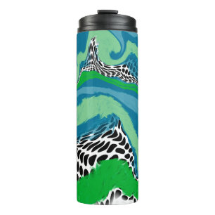 Garrafa Térmica Abstrato de pontos verdes e azuis, pretos e branco