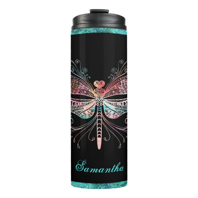 Garrafa Térmica Abstrato Dragonfly Pastel Preto (Frente)