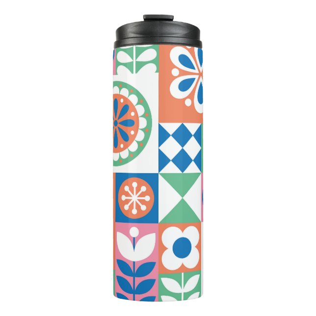 Garrafa Térmica Abstrato Floral, Scandinávia Folk Design. (Frente)