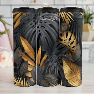 Garrafa Térmica Abstrato preto e Dourado botânico