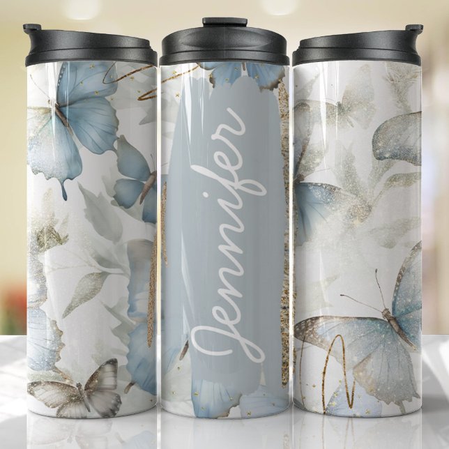 Garrafa Térmica Adicionar Nome Borboleta Azul Presente Personaliza (Floral Tumbler )