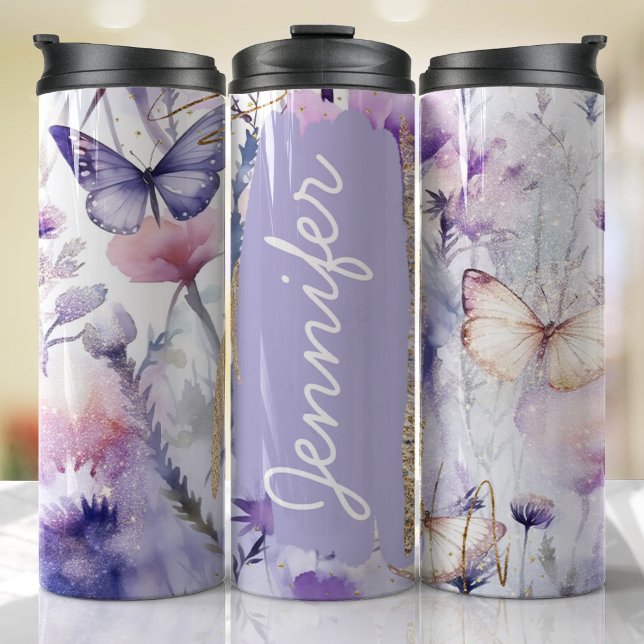 Garrafa Térmica Adicionar Nome Borboleta Roxa Presente Personaliza (Floral Personalized Tumbler)