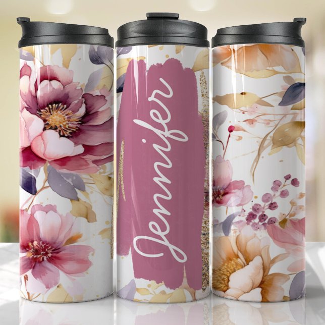 Garrafa Térmica Adicionar Nome Dif Floral Púrpura (Floral Personalized Tumbler)
