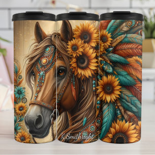 Garrafa Térmica Adorno de Cavalo Floral com Girassol e Pena