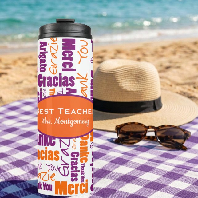 Garrafa Térmica Agradecimento ao Professor Multilíngue Obrigado (Multilingual thank you word cloud in purple and orange with two sized template text.)