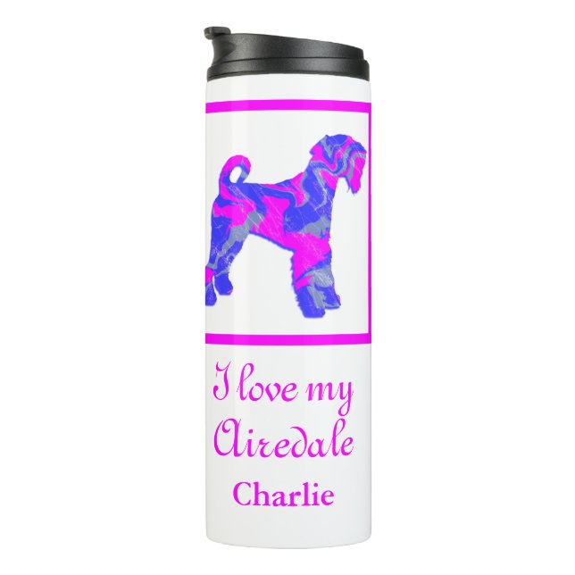 Garrafa Térmica Airedale Terrier Cachorro Rosa e Silhueta Azul (Rotação à direita)