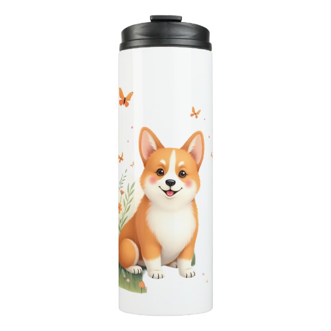 Garrafa Térmica Akita Dog com Flor e Borboleta T Shirt (Frente)