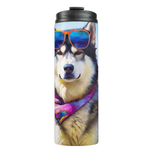 Garrafa Térmica Alaskan Malamute na praia, presente de verão