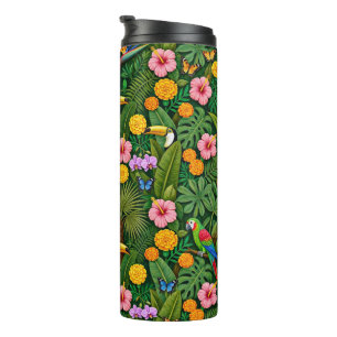 Garrafa Térmica Alegres Flores Tropicais Pássaros da Selva Colorid