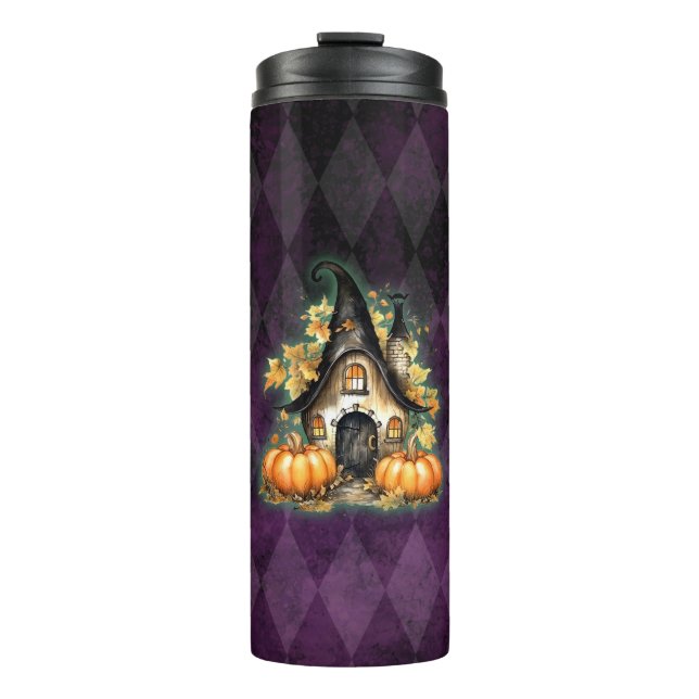 Garrafa Térmica Algodão De Queda Gótica De Halloween Roxo Argyle (Frente)