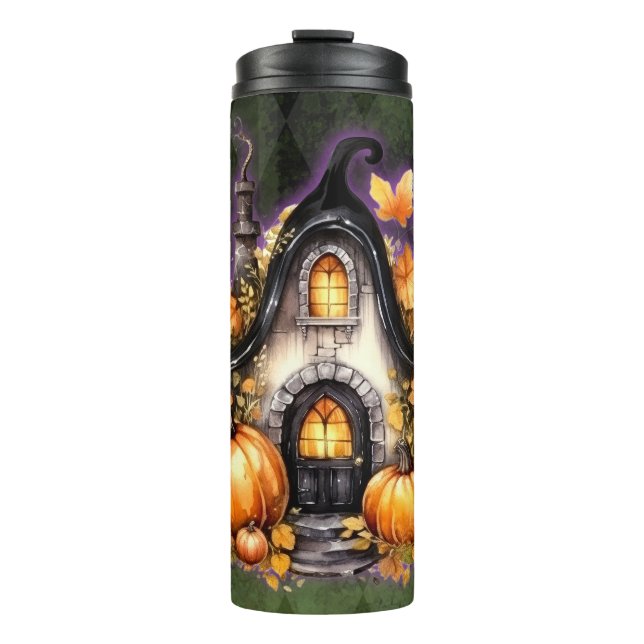 Garrafa Térmica Algodão Gótico de Queda de Halloween Verde Argyle (Frente)