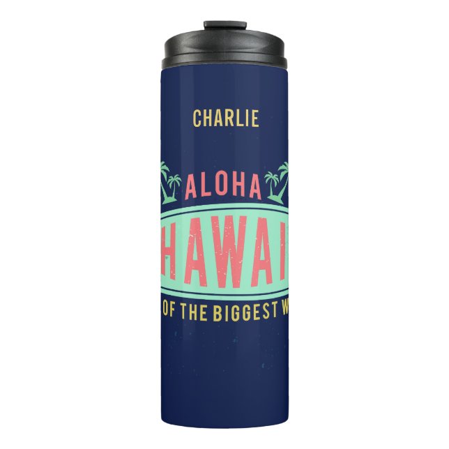 Garrafa Térmica Aloha Hawaiian Surfer Custom Name Tumbler (Frente)