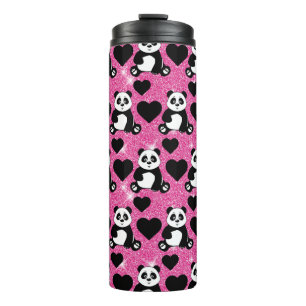 Garrafa Térmica Amante de Urso Panda Corações Pretos Brilho Rosa
