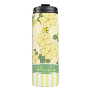 Garrafa Térmica Amarelo Floral e Listras Personalizado