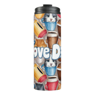 Garrafa Térmica "Amo Papai" Padrão Divertido de Gatos e Café