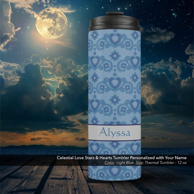 Garrafa Térmica Amor Celestial Estrelas Corações Azul Claro (Celestial Love Stars and Hearts Light Blue Thermal Tumbler Personalized with Your Name)